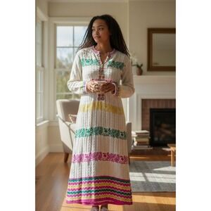Artisan Embroidered Knit Maxi Dress Long Sleeve Boho Cream Multi Color 2x